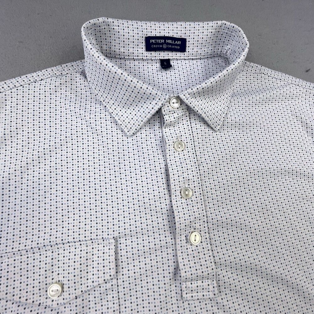 Peter Millar Crown Crafted Golf Polo Men’s Large White Blue Dot Performance Logo